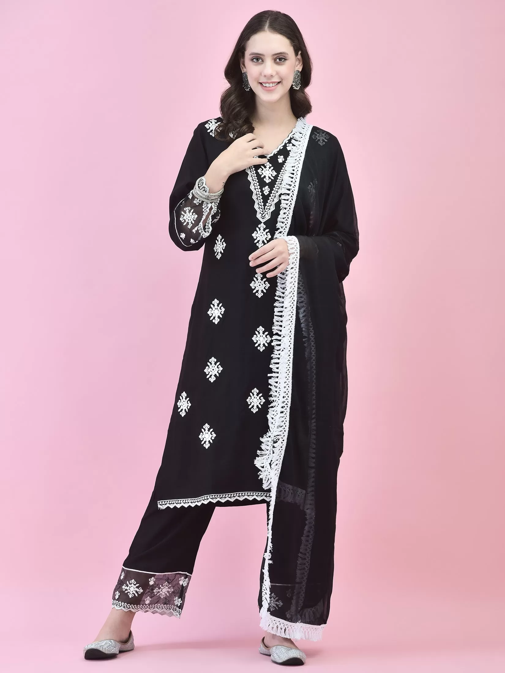 Women Black Liva Rayon Kurta Comfort Pant Dupatta