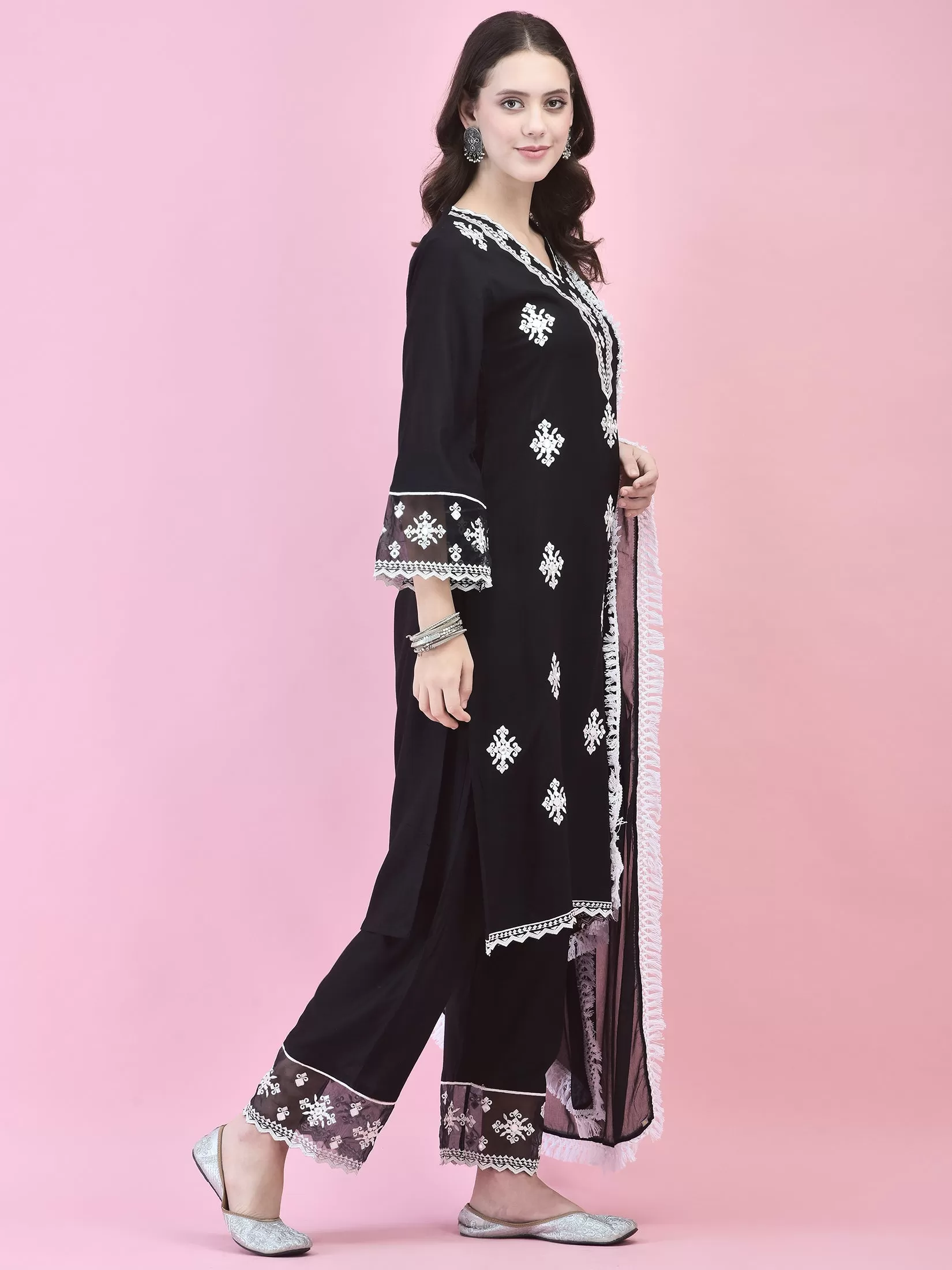 Women Black Liva Rayon Kurta Comfort Pant Dupatta