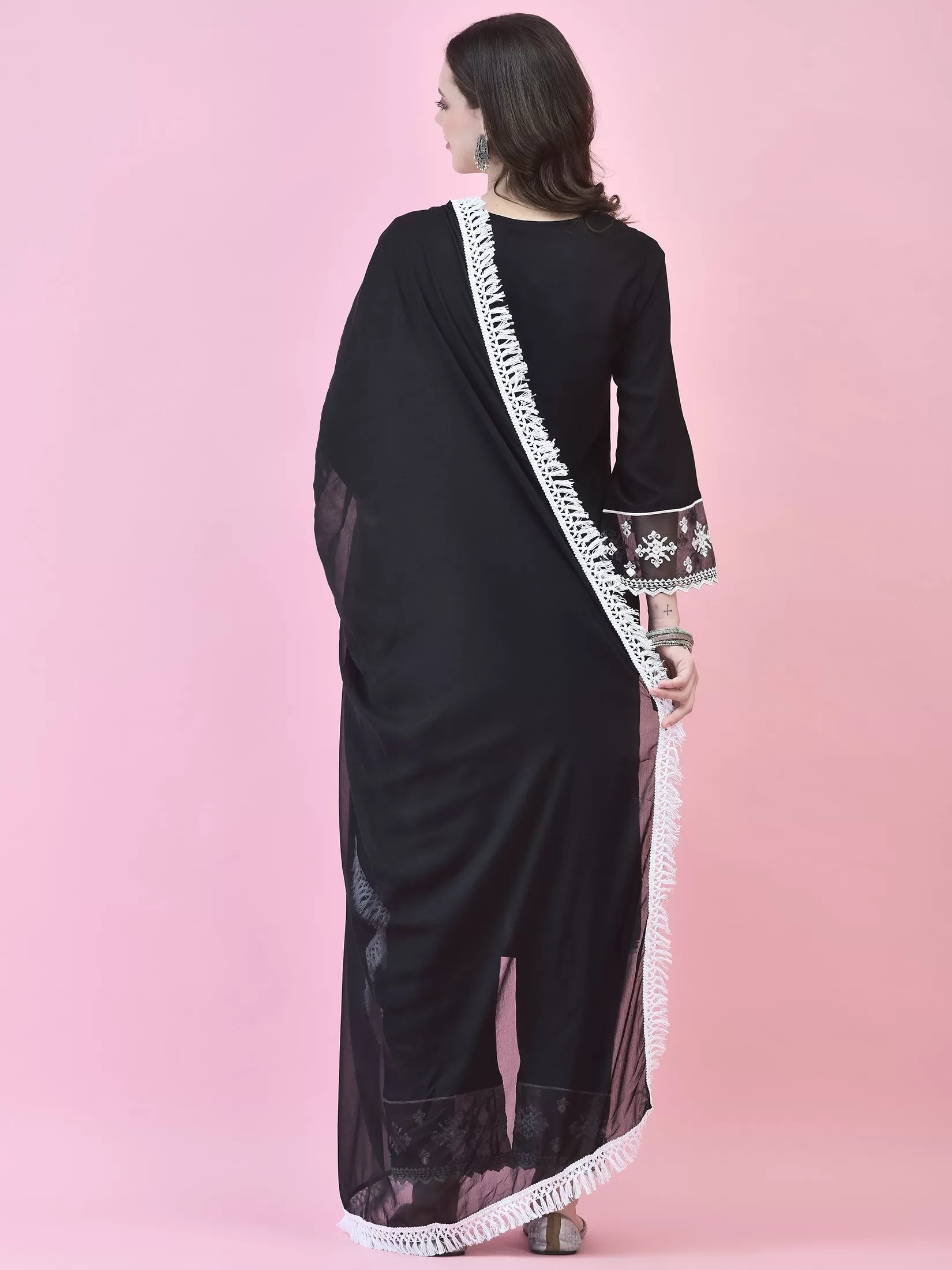 Women Black Liva Rayon Kurta Comfort Pant Dupatta