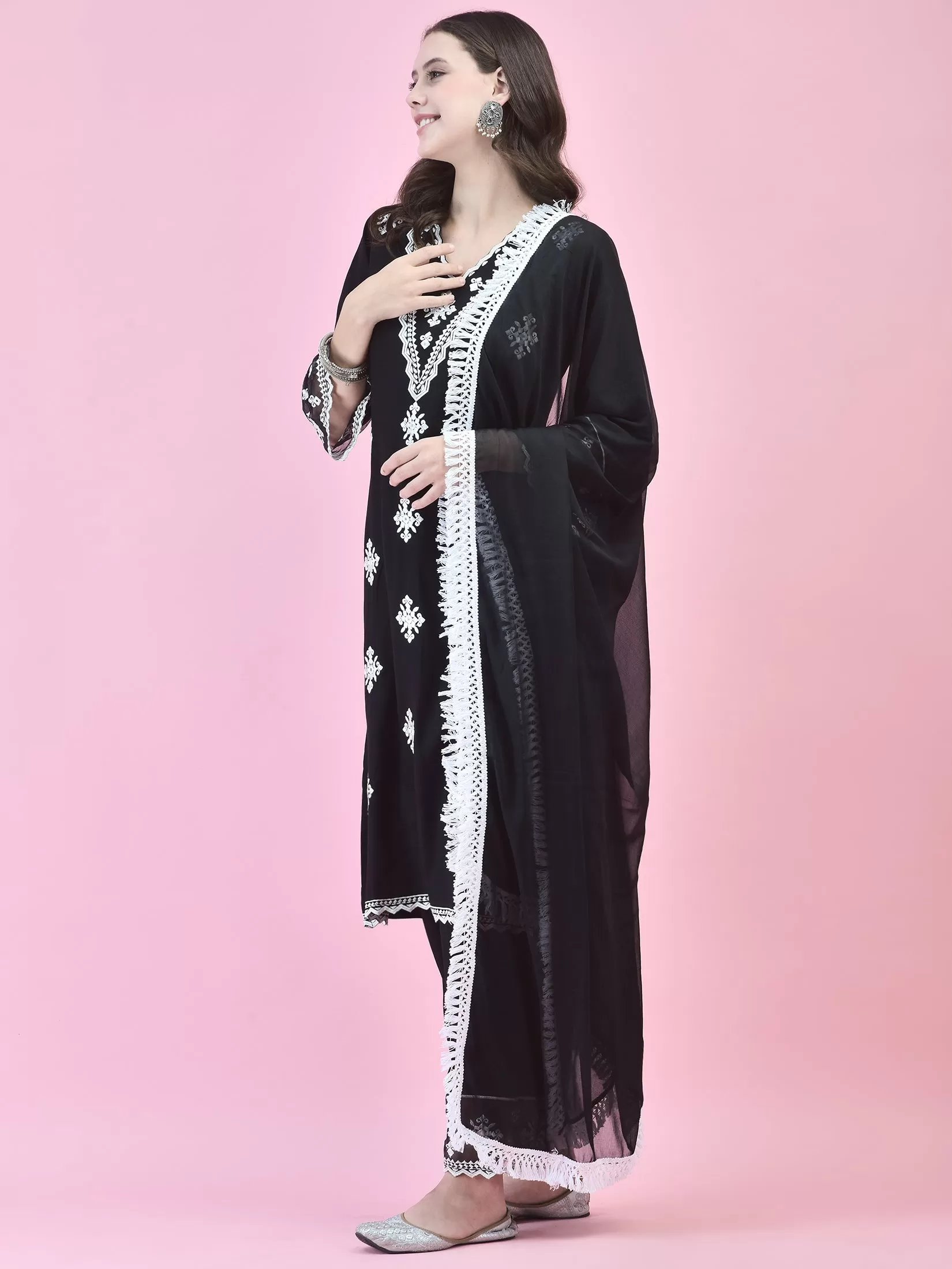 Women Black Liva Rayon Kurta Comfort Pant Dupatta