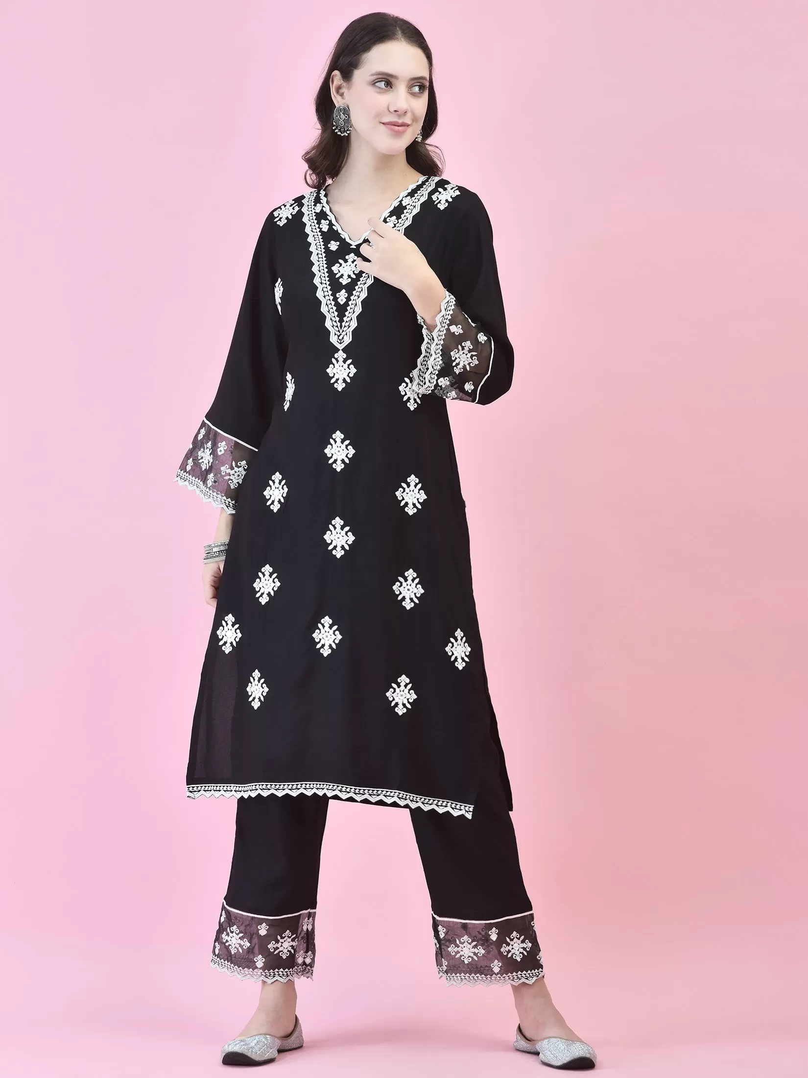 Women Black Liva Rayon Kurta Comfort Pant Dupatta